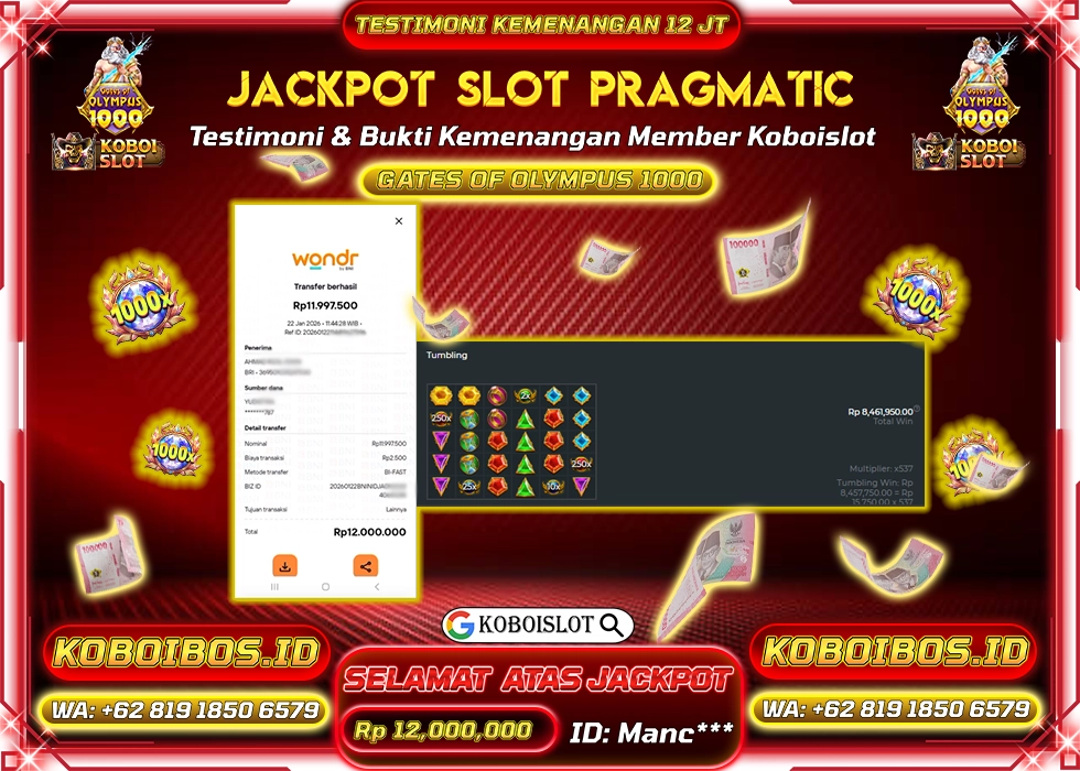 BUKTI KEMENANGAN ID Manc*** SLOT GACOR GATES OF OLYMPUS 1000 Rp12.000.000,- LUNAS